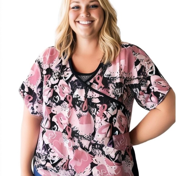 NWT  Scrub Top - Healing Hands Breast Cancer Awareness Stretch - Picture 1 of 9